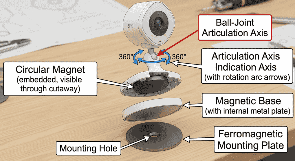 Arlo Q camera with its magnetic base and the mounting plate separated