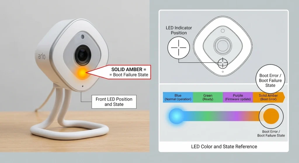 Arlo Q front face showing the solid amber LED illuminate with an annotation callout indicating Solid Amber = Boot Failure State