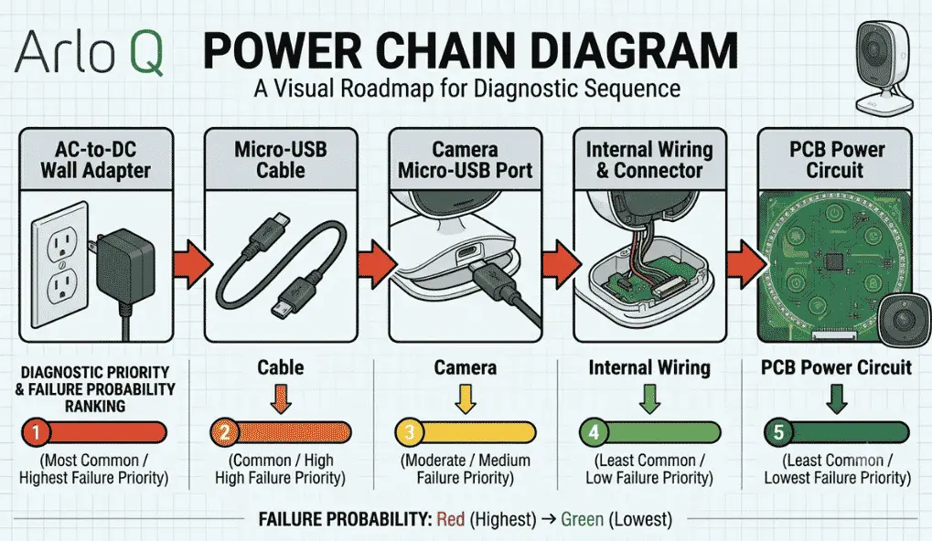 Arlo Q power chain diagram showing the five-component chain from wall outlet to camera internals