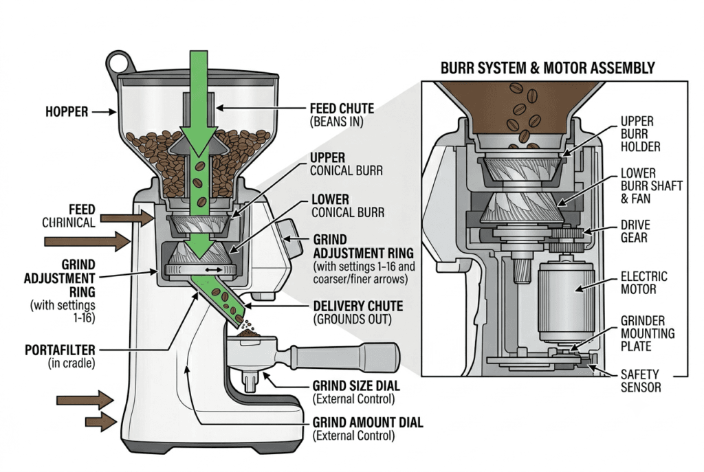Breville BES870XL grinder cross section labeled anatomy view