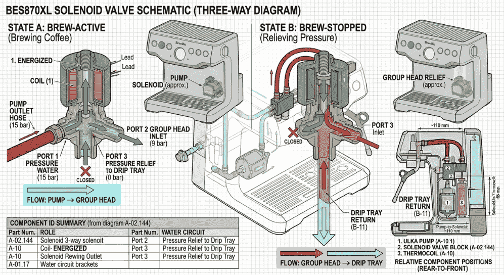 BES870XL solenoid valve schematic — three-way diagram showing Port 1 (pump inlet), Port 2 (group head outlet), and Port 3 (pressure relief to drip tray), with arrows showing flow direction during brew-active and brew-stopped states