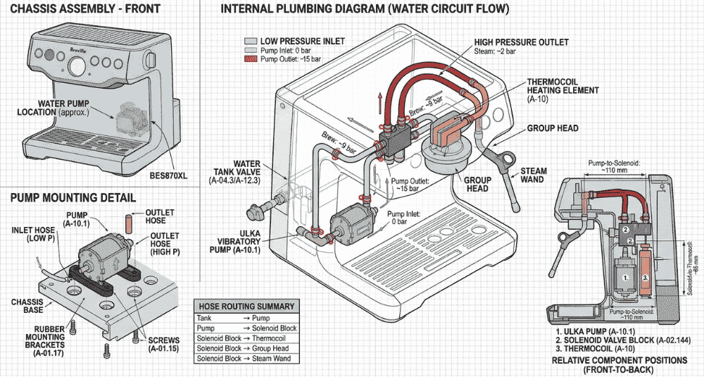 BES870XL water pump location diagram — showing pump mounting position within the chassis, inlet and outlet hose routing, and the pump's position relative to the solenoid valve and thermocoil
