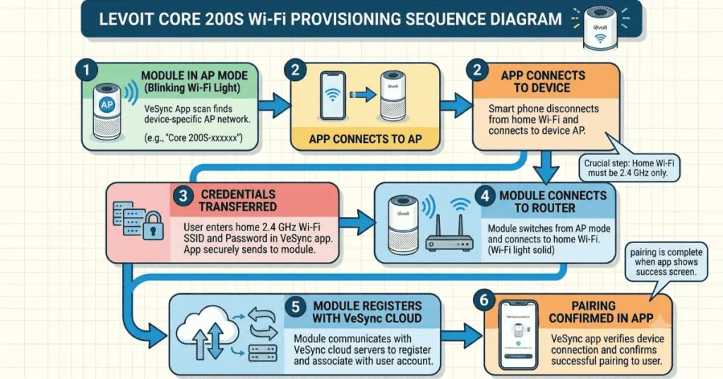 Core 200S Wi-Fi provisioning sequence diagram showing the four phases as a flowchart