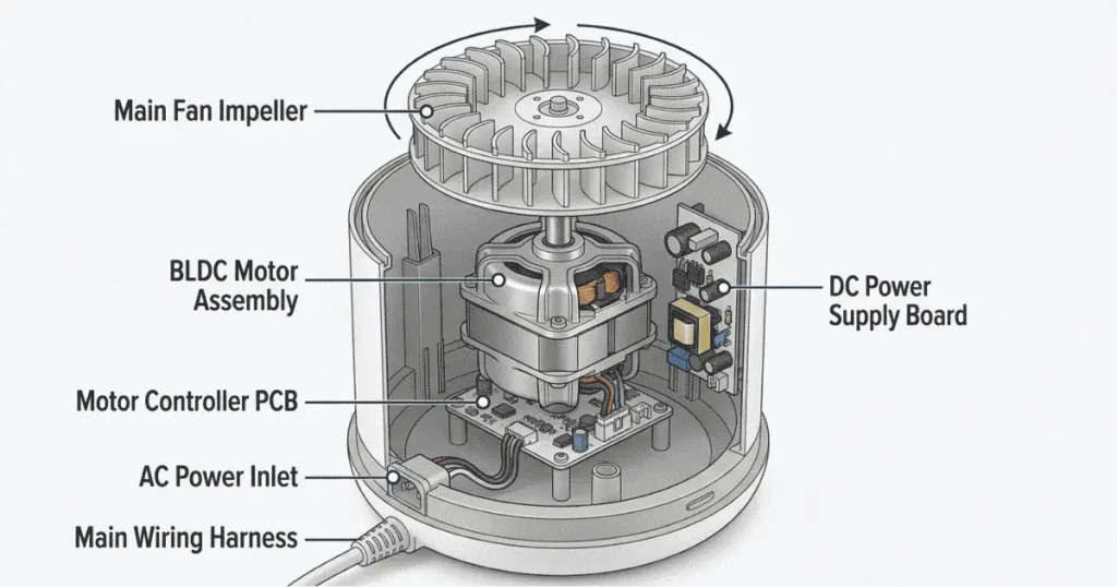 Core 200S internal chassis with top housing removed showing the BLDC motor assembly centered in the unit,