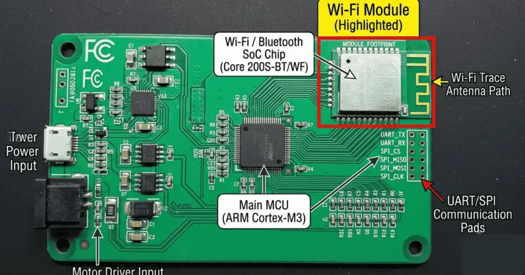 Core 200S main PCB Wi-Fi module highlighted (either as a clearly labeled module footprint or as an SoC chip