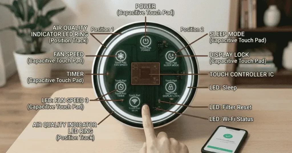 Core 200S touch surface from exterior showing the touch button with their underlying electrode positions projected onto the outer surfacelocations