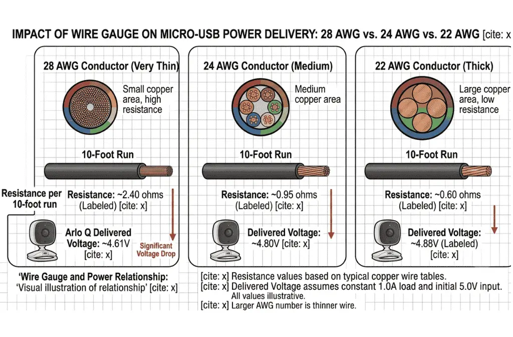 Cross-section diagram comparing three Micro-USB cable conductor cross-sections
