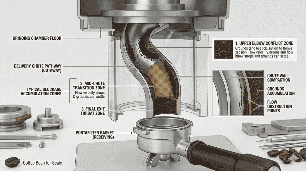 Cross-section diagram of BES870XL delivery chute pathway from grinding chamber floor to portafilter basket, showing typical blockage accumulation zones along the chute walls