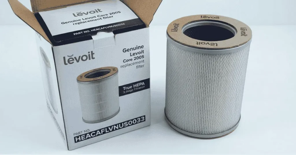 Genuine Levoit Core 200S replacement filter showing the outer packaging with Levoit branding and HEACAFLVNUS0033 part