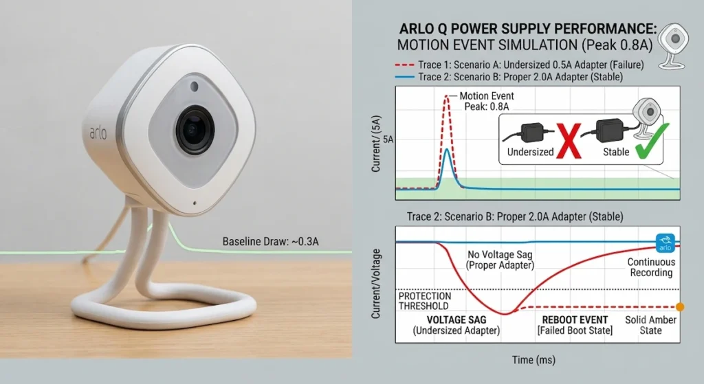 Graph showing Arlo Q power consumption over time illustrating the baseline draw during standby