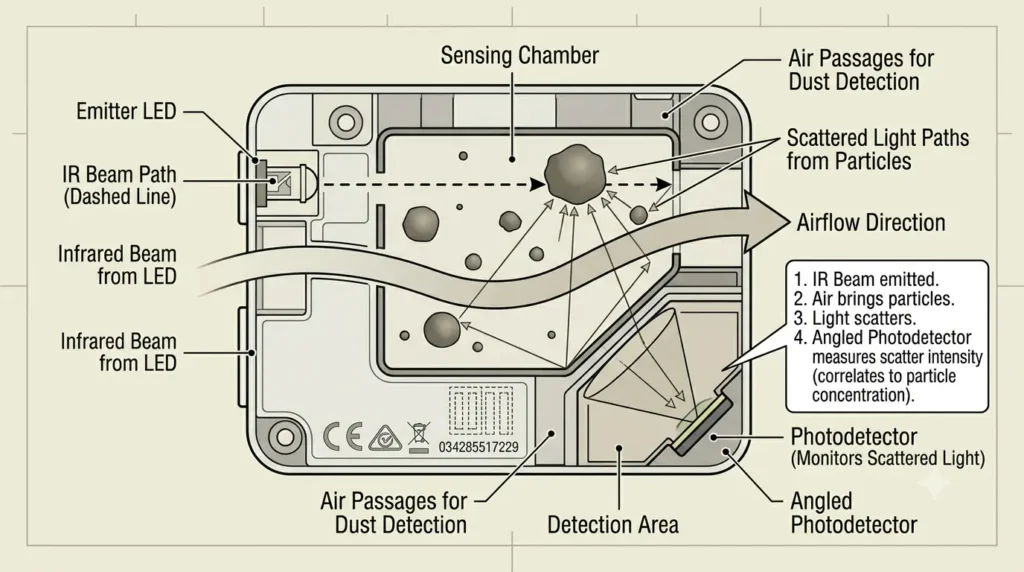 Infrared dust sensor schematic showing the emitter LED IR beam path as a dashed line