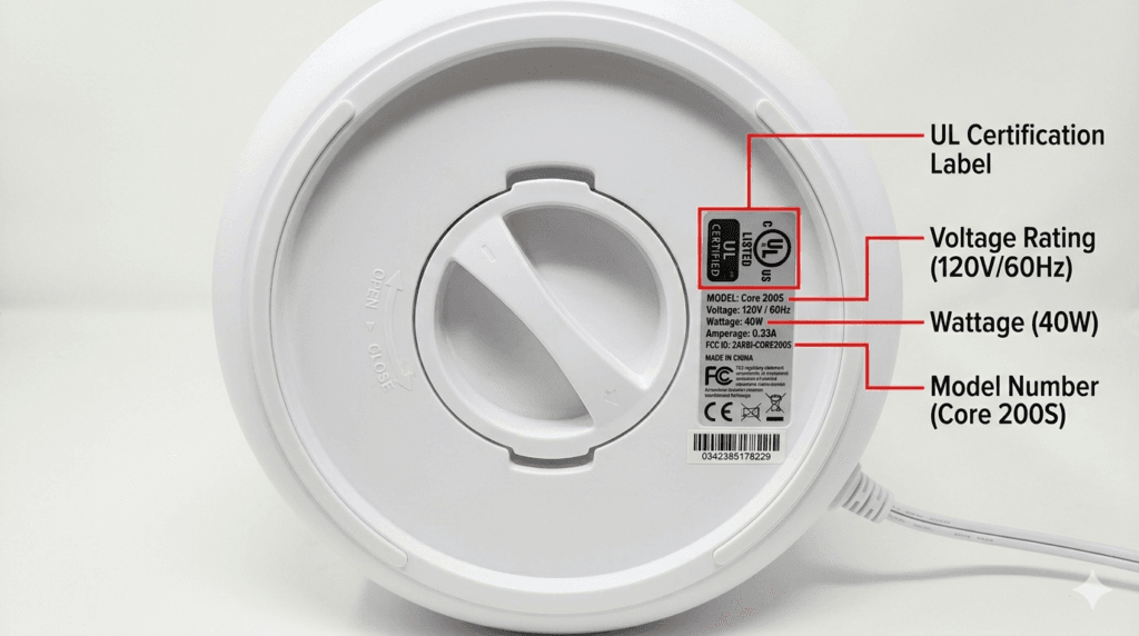 Levoit Core 200S bottom panel showing the UL certification label, voltage rating (120V60Hz), wattage (40W)