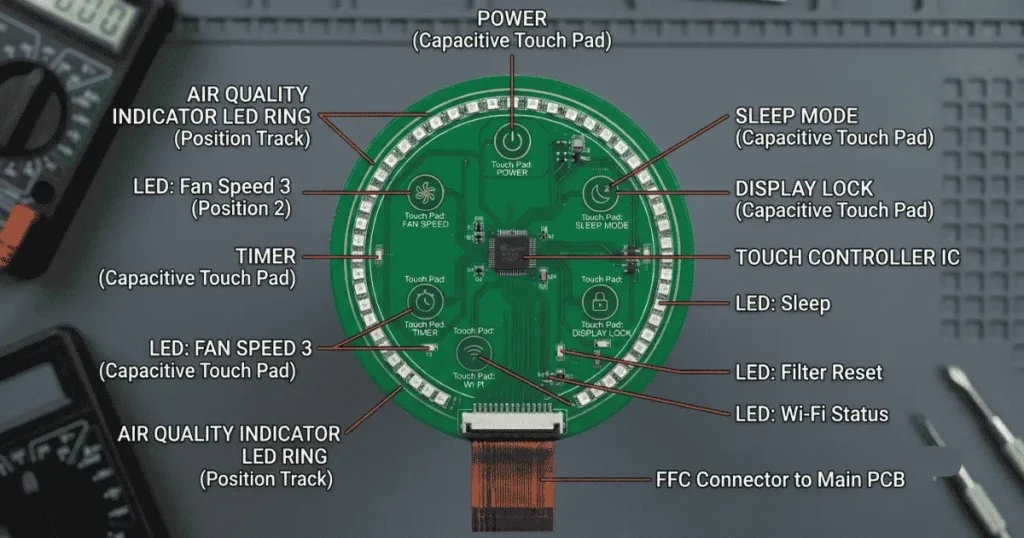 Levoit Core 200S display board removed from housing top-side view showing the capacitive touch electrode pads