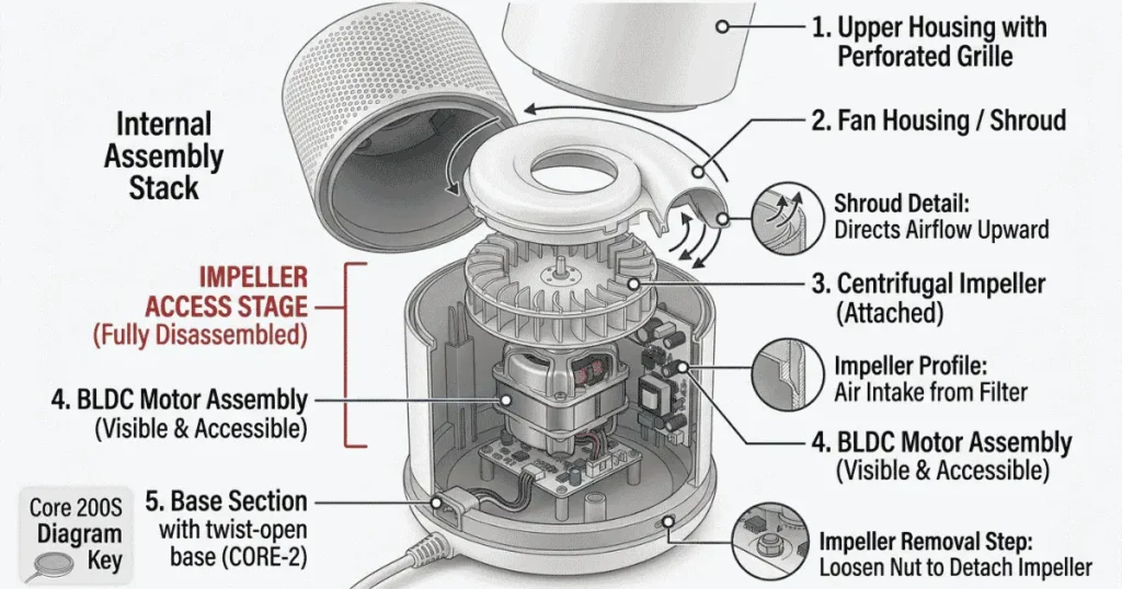 Levoit Core 200S fully disassembled to impeller access stage — showing the upper housing removed
