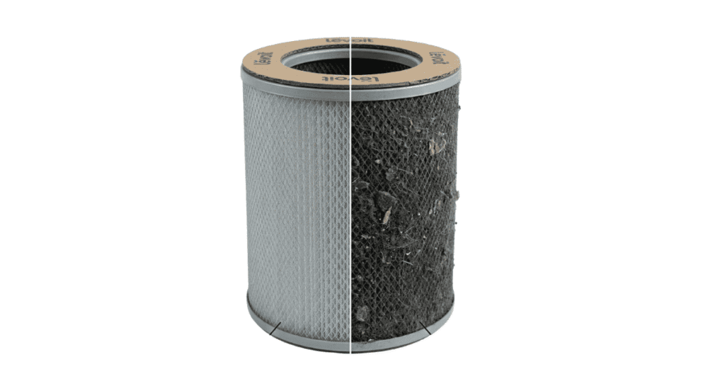 Levoit Core 200S pre-filter mesh surface comparison — left side showing a clean, right side showing a heavily loaded pre-filter