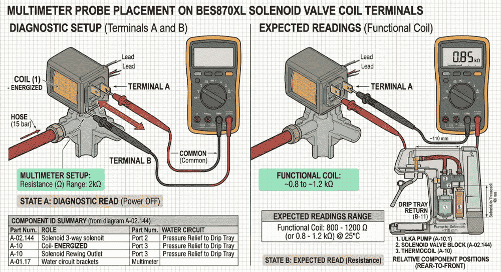 Multimeter probe placement on BES870XL solenoid valve coil terminals showing correct probe position