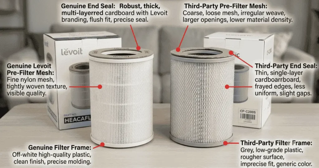 Side-by-side comparison of genuine Levoit Core 200S filter (left) vs. third-party alternative (right)