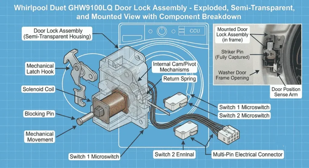 Whirlpool GHW9100LQ door lock assembly exploded or semi-transparent view showing the mechanical latch hoo