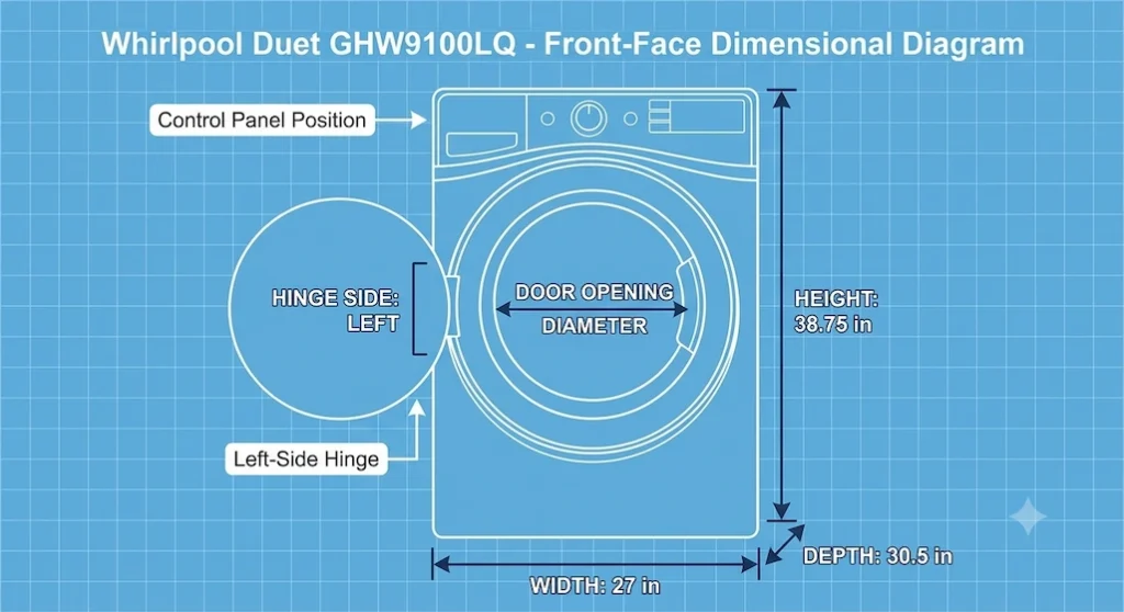 Whirlpool GHW9100LQ front-face dimensional diagram showing height, width, and dept