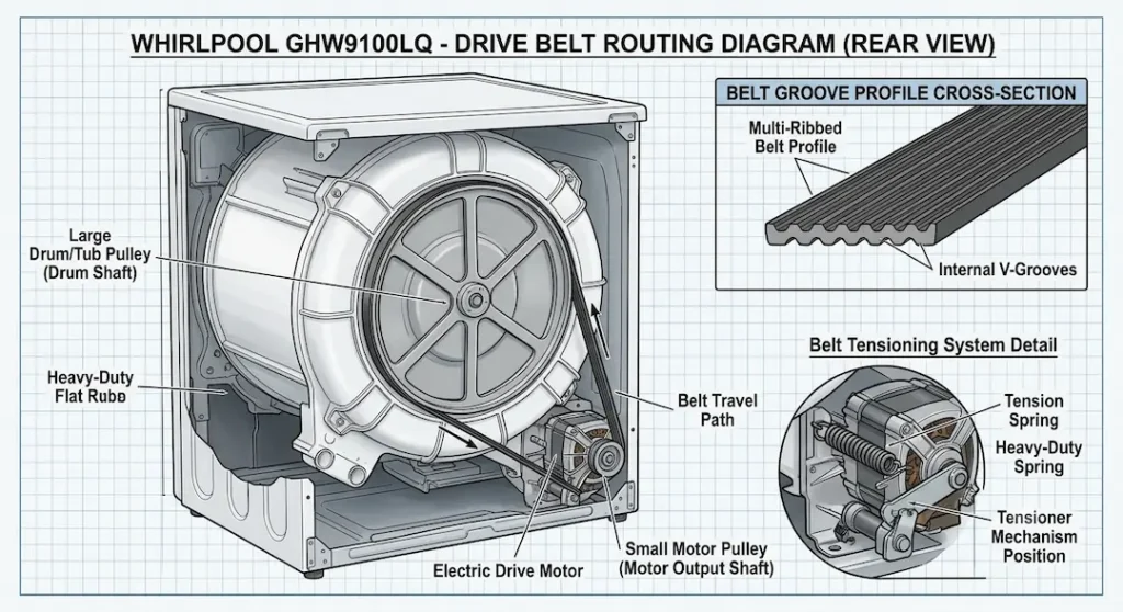 GHW9100LQ drive belt routing diagram rear view of machine with back panel removed, showing the motor pulley