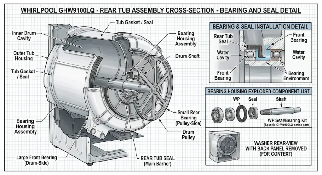 GHW9100LQ rear tub assembly cross-section showing the drum shaft passing through the rear tub wall