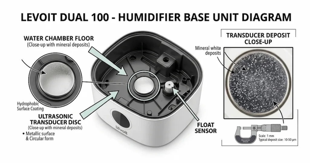 Levoit Dual 100 base unit with water tank removed showing the water chamber floor with the transducer disc visible at center, the disc's circular shape