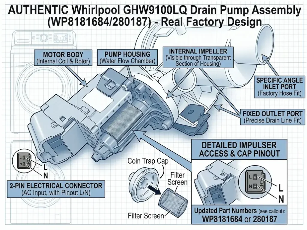 WP8181684 drain pump assembly showing the complete unit with motor body, pump housing, impeller access port, coin trap cap