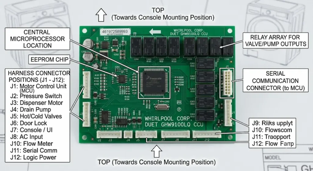 Whirlpool GHW9100LQ CCU board top-face photograph showing the board with major components labeled central microprocessor location, EEPROM chip, relay array for valvepump outputs