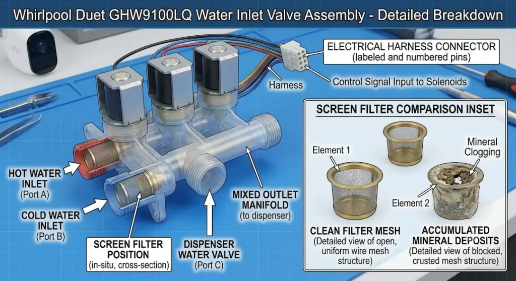 Whirlpool GHW9100LQ water inlet valve assembly showing the three-solenoid configuration with hot inlet, cold inlet, and dispenser valve labeled; the screen filter position in each inlet port shown